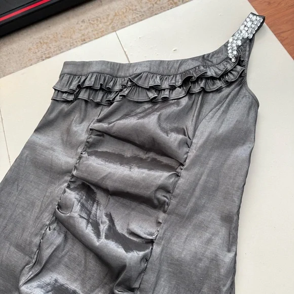 Granada Metallic Silver One-Shoulder Ruched Party Dress Rhinestone Strap Formal - Picture 3 of 6